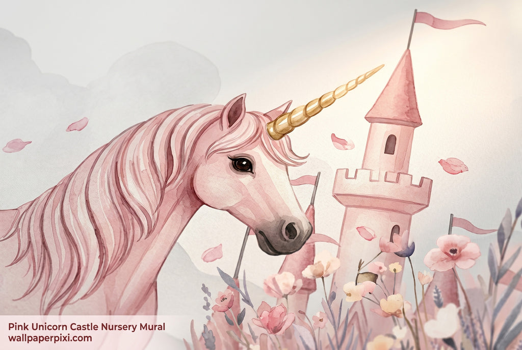 Close-up detail of pink unicorn castle watercolour wall mural showing pink unicorn gold horn flowing mane cherry blossom petals and castle turret.