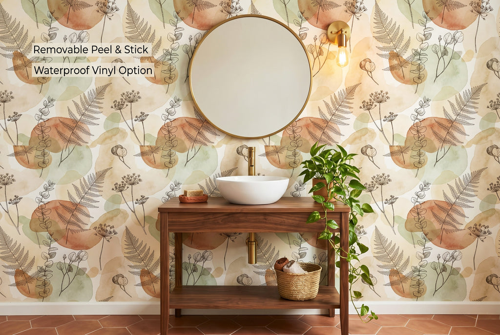 Botanical Wallpaper | Sage Green Boho Watercolour Fern Eucalyptus Design