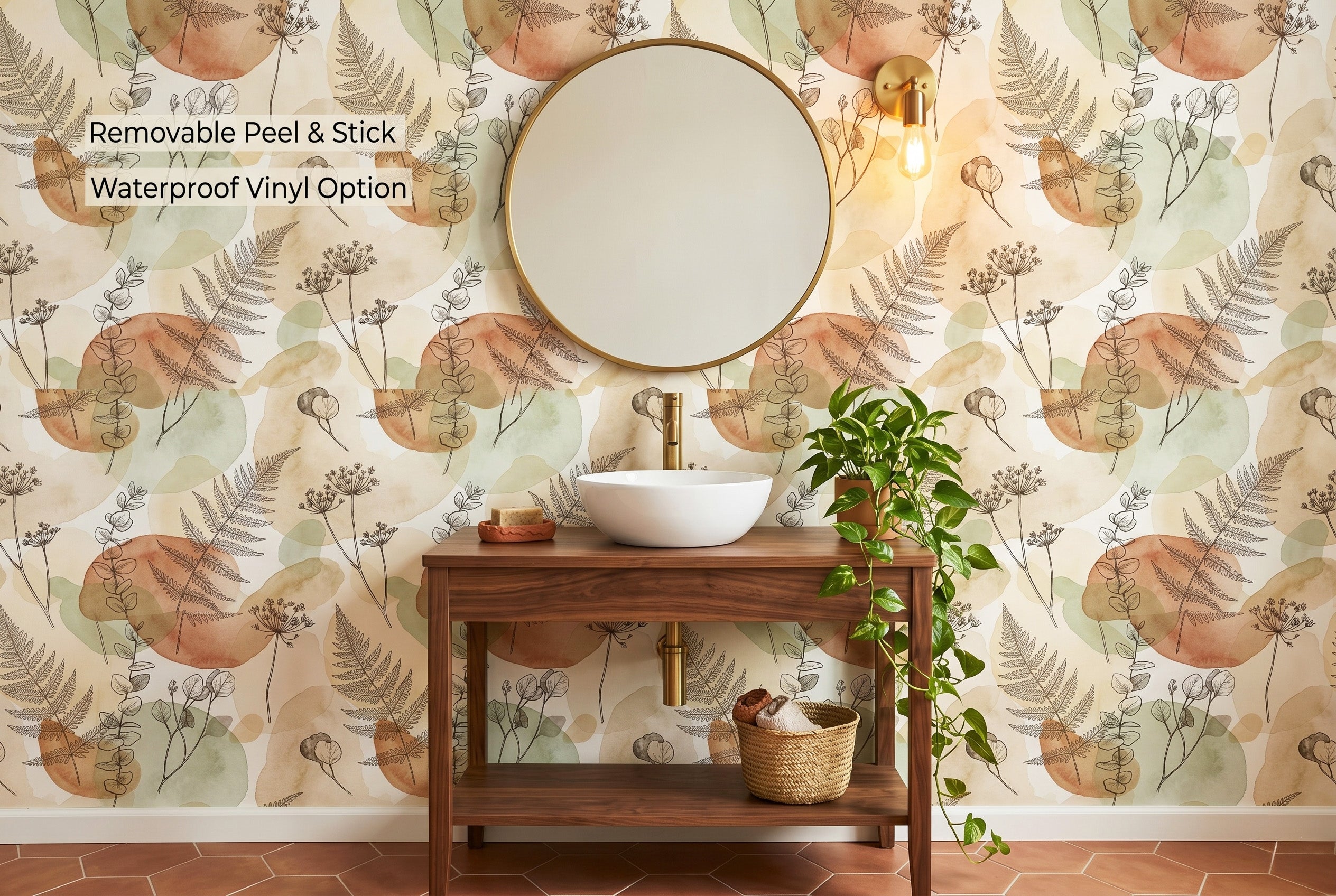Botanical Wallpaper | Sage Green Boho Watercolour Fern Eucalyptus Design