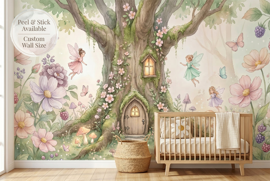 Enchanted Fairy Tree House Wall Mural | Watercolour Forest Nursery Design
