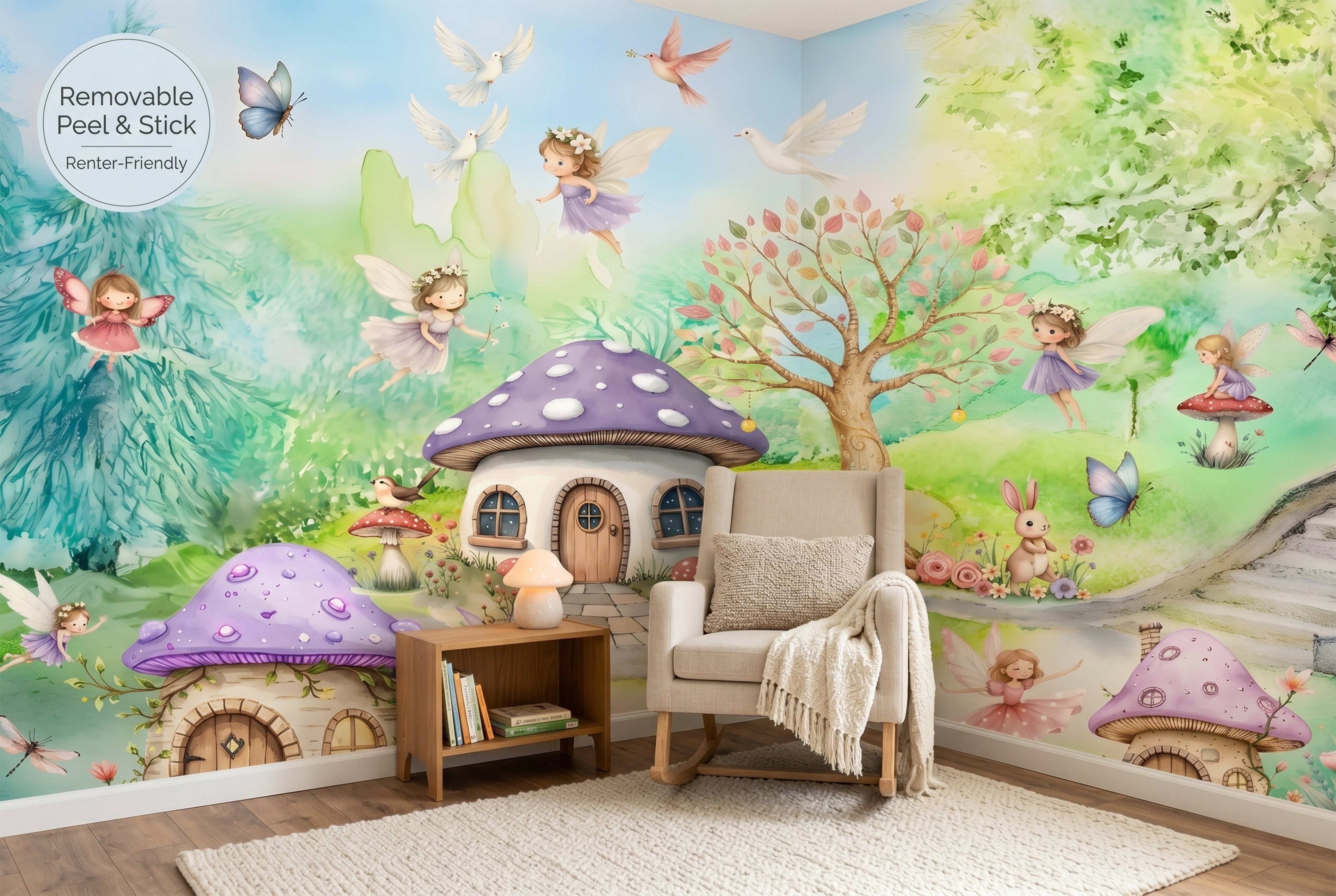 Enchanted Fairy Village Wall Mural | Magical Mushroom House Woodland Nursery Design