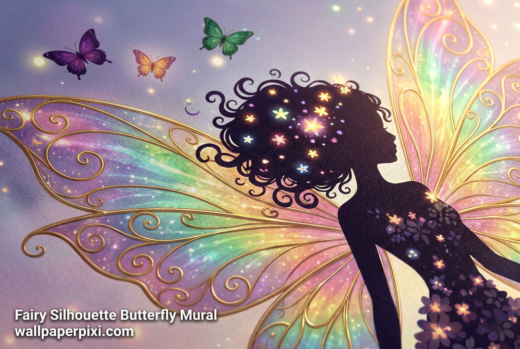 Close-up detail of fairy silhouette butterfly wall mural showing iridescent rainbow wings with gold filigree scrollwork glowing flowers and cascade of colourful butterflies