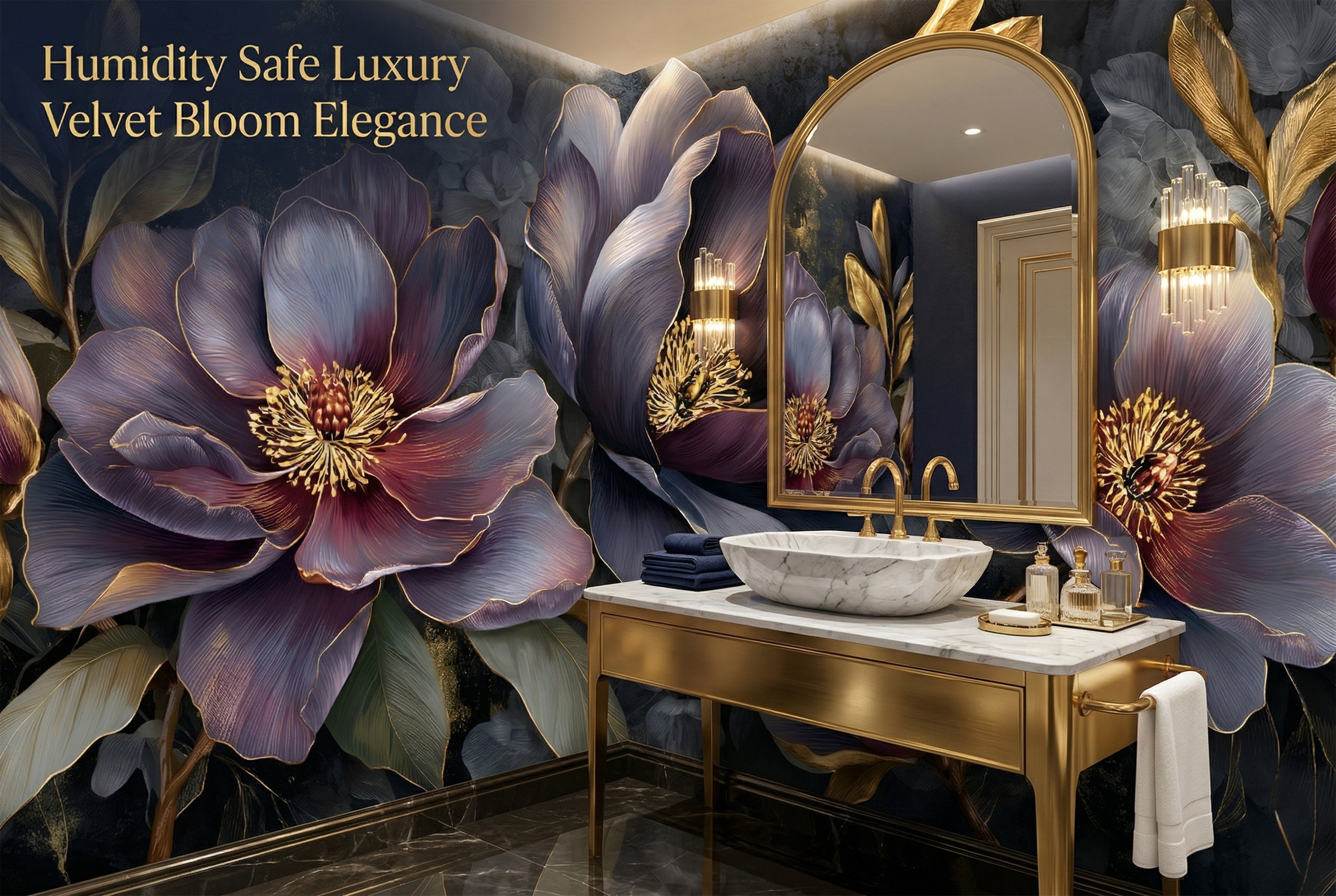 Dark Purple Gothic Peony Wall Mural | Moody Gold Botanical Luxury Design