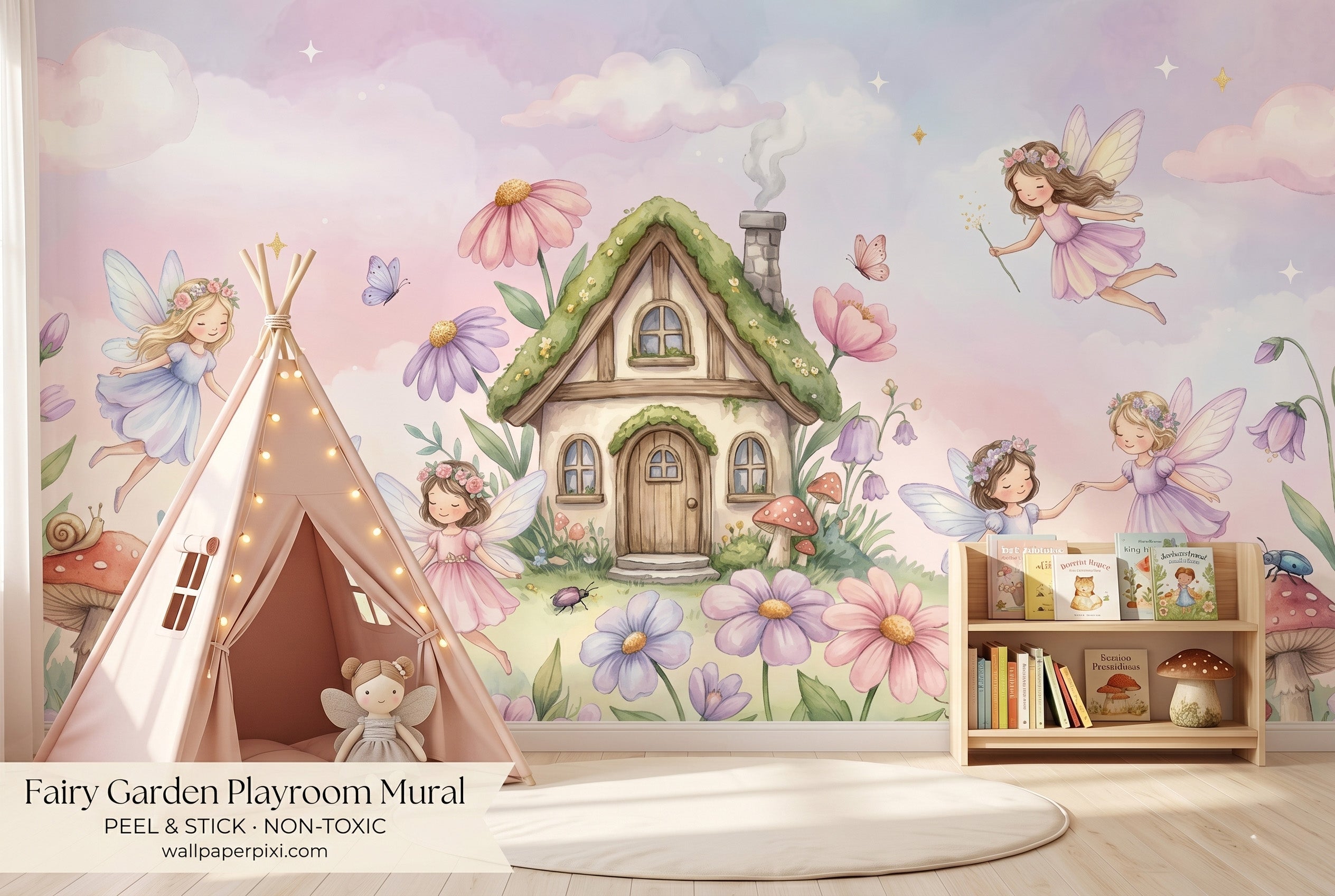 
Fairy garden cottage wall mural in a bright toddler playroom with a blush teepee soft play mat wooden toys and fairy lights