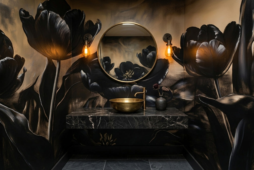 Dark Tulip Oil Painting Wall Mural | Moody Black Floral Gold Peel and Stick Wallpaper