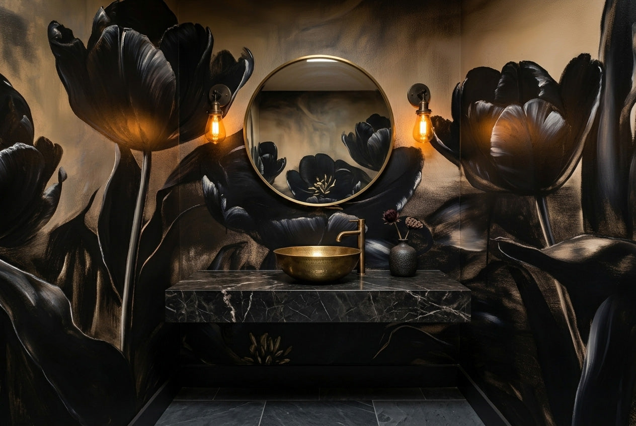 Dark Tulip Oil Painting Wall Mural | Moody Black Floral Gold Peel and Stick Wallpaper
