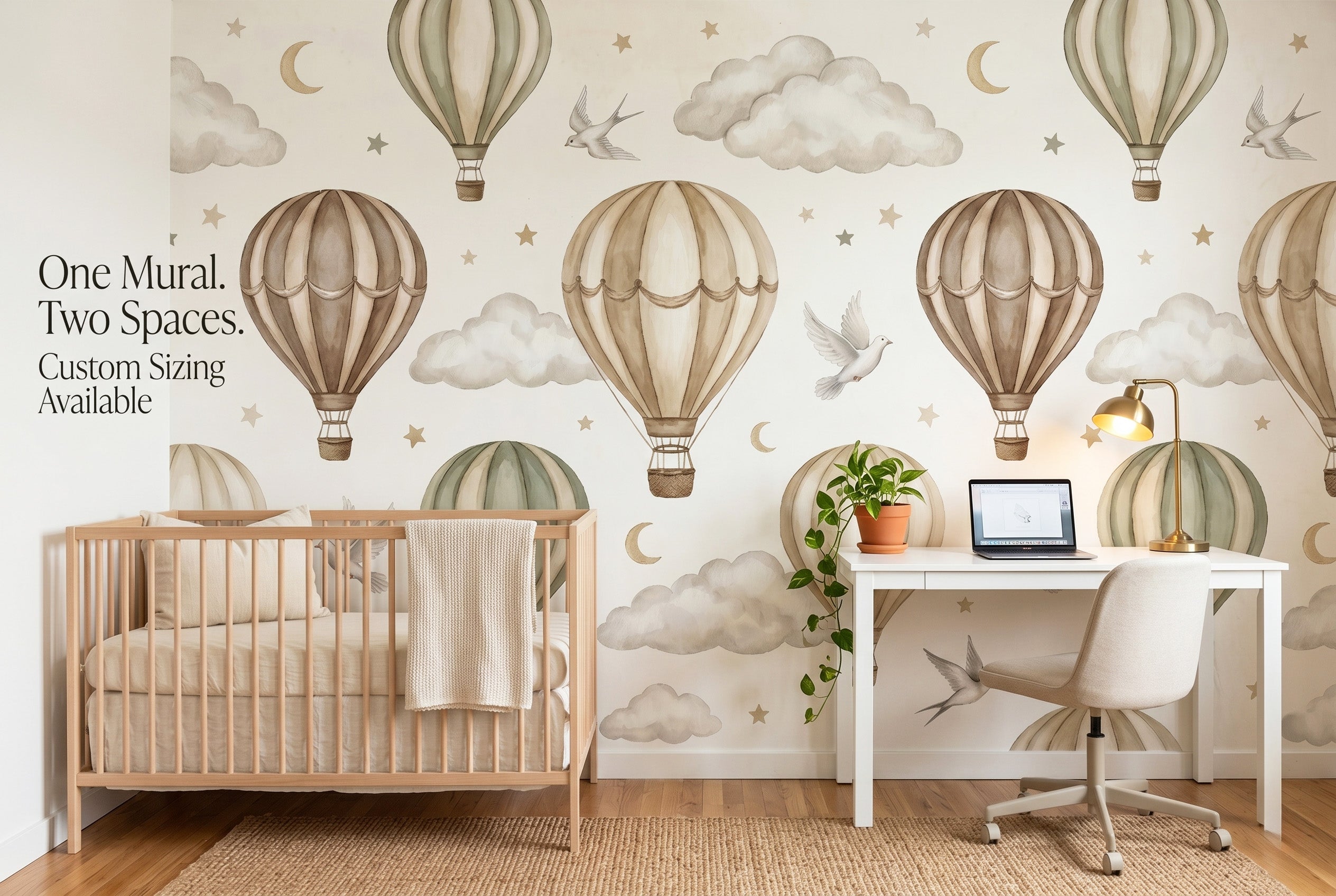 Hot Air Balloon Nursery Wall Mural | Neutral Beige Taupe Vintage Sky Moon Stars Design