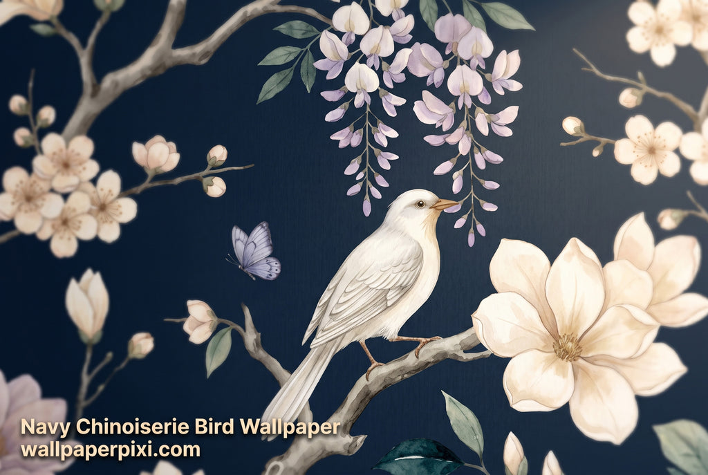 Close-up detail of navy chinoiserie wallpaper showing white bird magnolia petals wisteria clusters and cherry blossoms against midnight navy