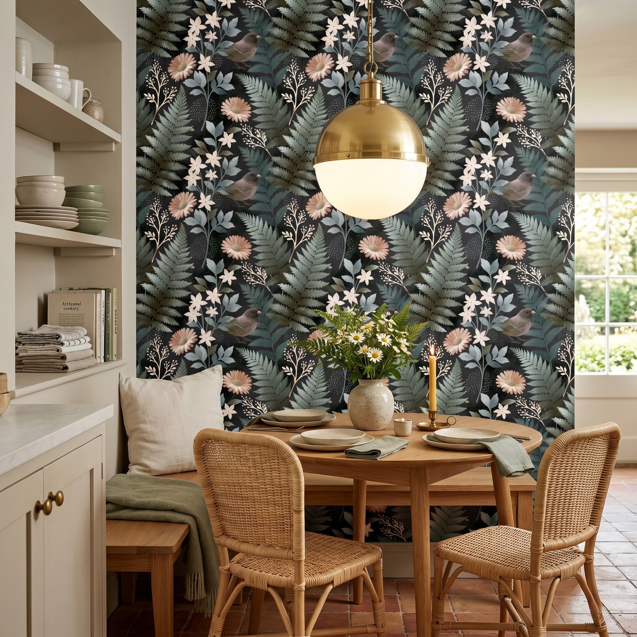 Dark botanical wallpaper featuring a small perched songbird, ivory star flowers, soft blush daisies, sage and teal ferns, silver-blue leaves, and fine berry stems on a deep charcoal-black painterly ground — premium dark cottagecore wallpaper by WallpaperPixi
