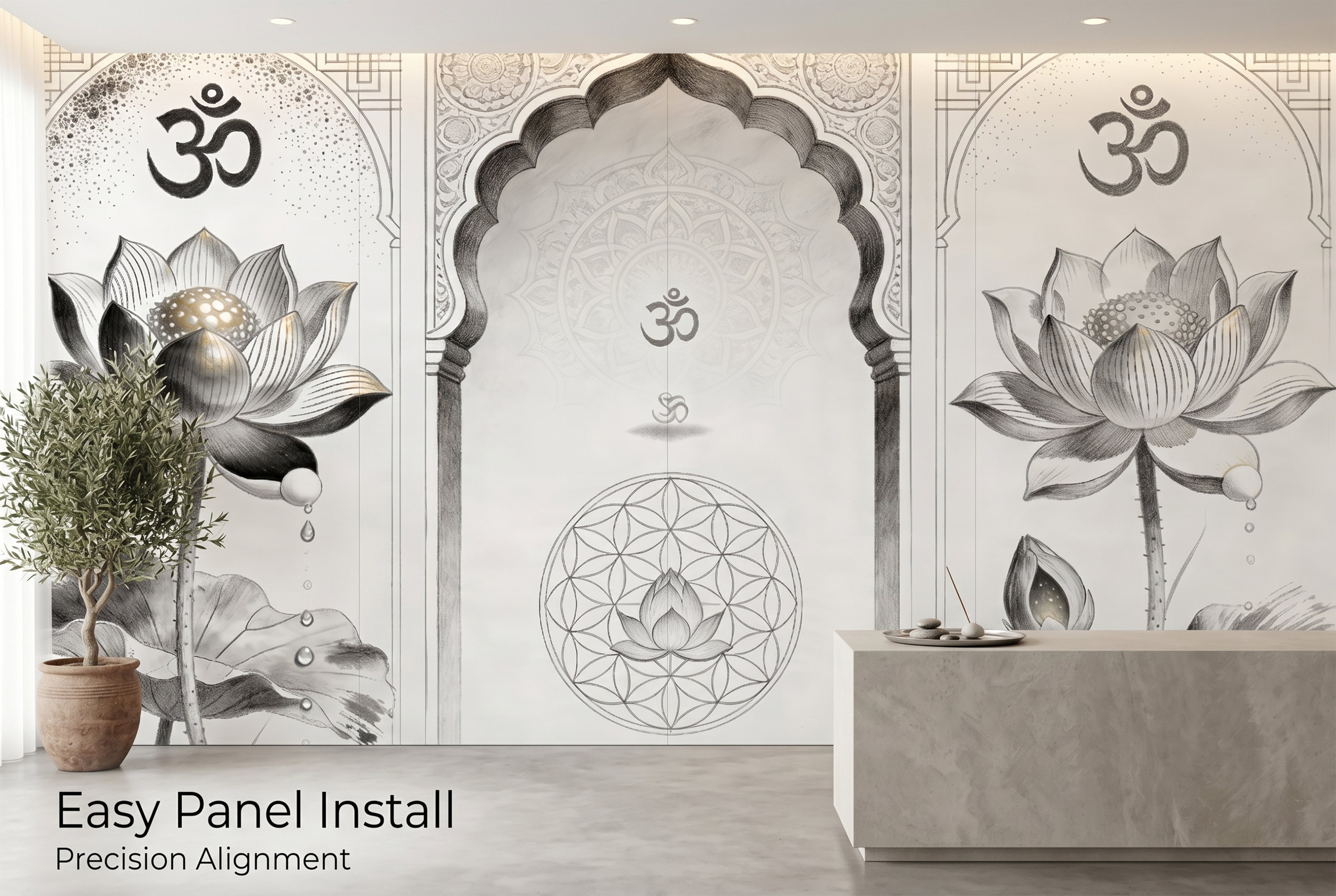 Om Lotus Mandala Wall Mural | Sacred Geometry Triptych | Yoga & Meditation Room