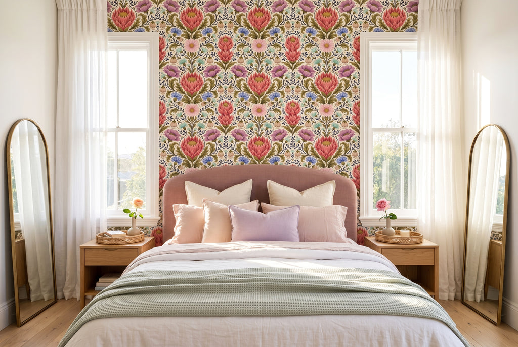 Close-up detail of hand-illustrated coral protea bloom, lavender cosmos flower, and olive acanthus scroll on vintage botanical damask wallpaper — high-definition fade-resistant print by WallpaperPixi