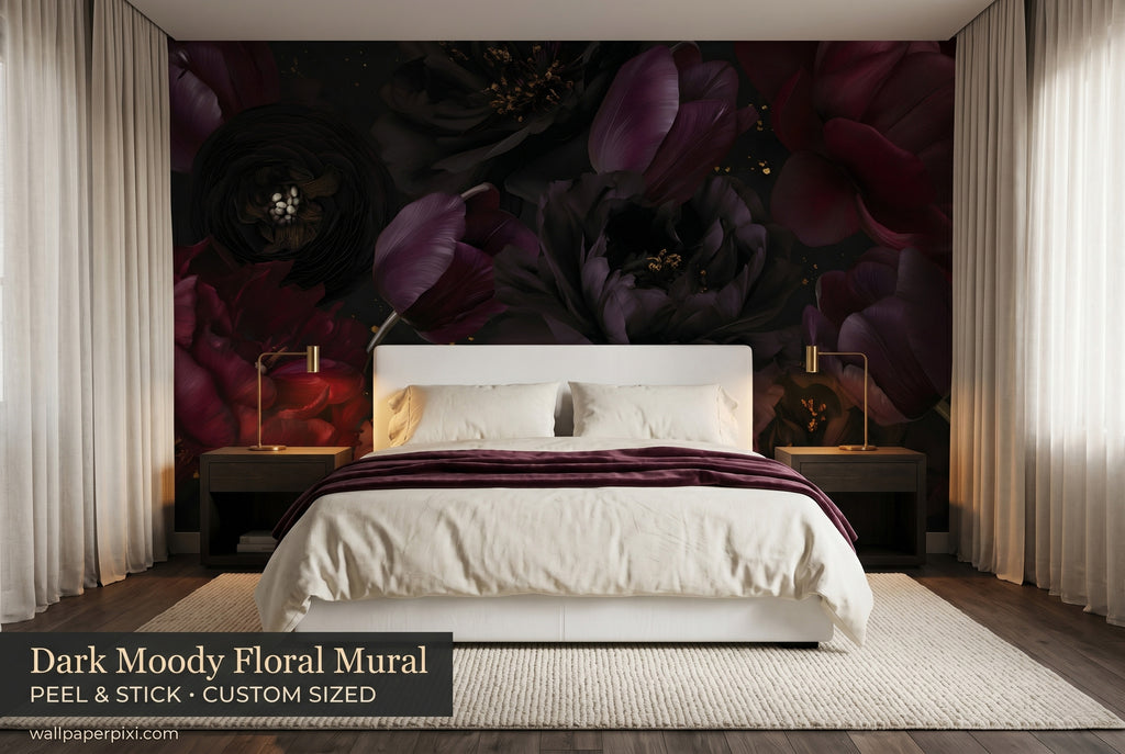 Dark moody peony and tulip wall mural accent wall in a bright dramatic bedroom with a white upholstered bed cream bedding and warm brass lighting
