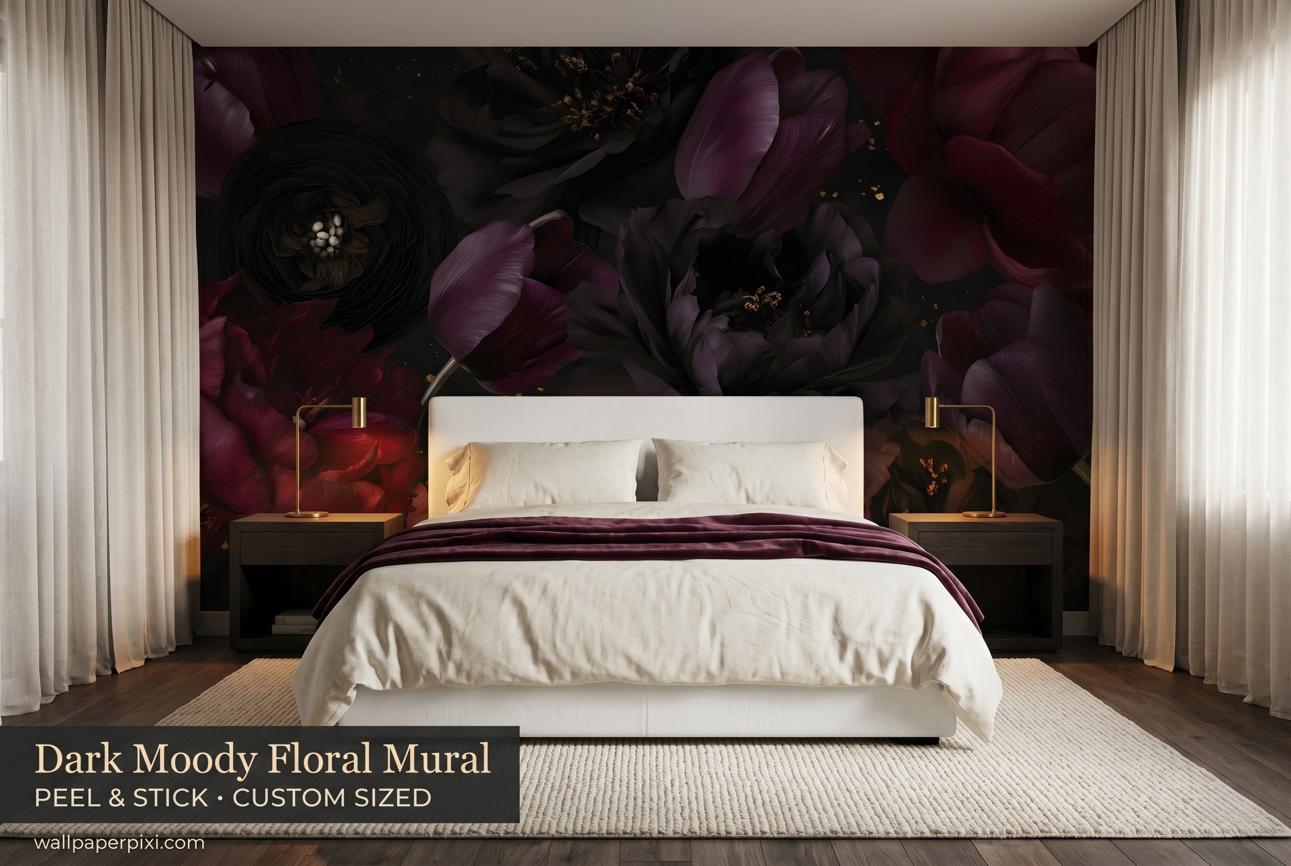 Dark moody peony and tulip wall mural accent wall in a bright dramatic bedroom with a white upholstered bed cream bedding and warm brass lighting