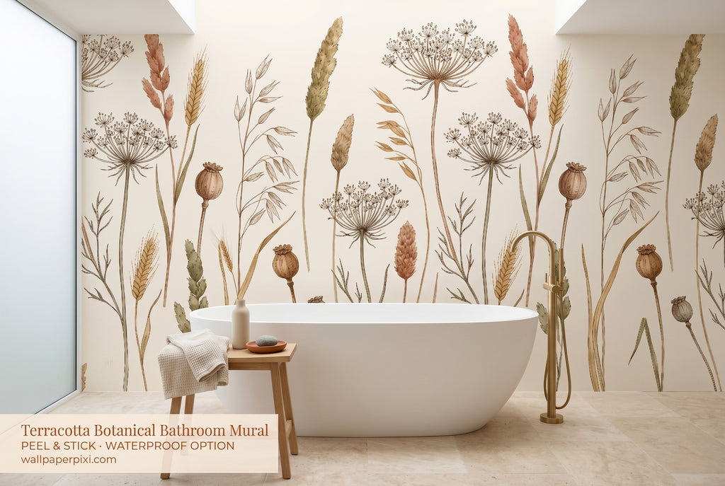 Terracotta wildflower botanical wall mural in a bright spa-inspired bathroom with a white freestanding tub dried pampas stem and warm natural stone accents.
