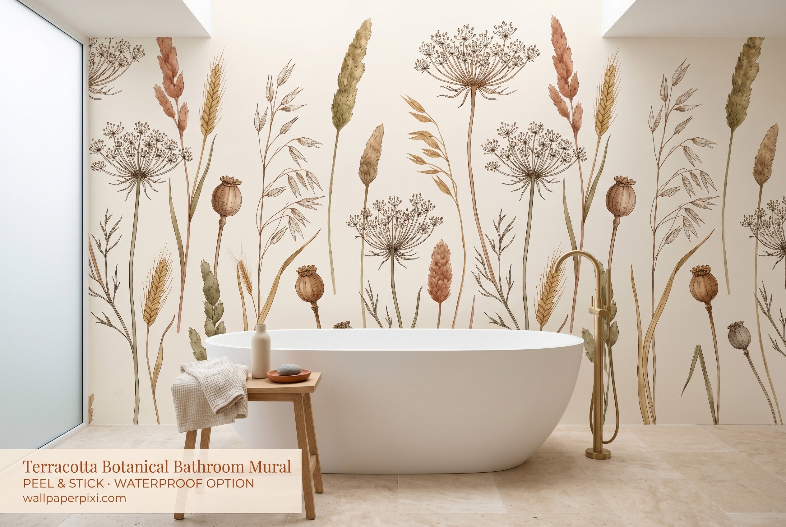 Terracotta wildflower botanical wall mural in a bright spa-inspired bathroom with a white freestanding tub dried pampas stem and warm natural stone accents.