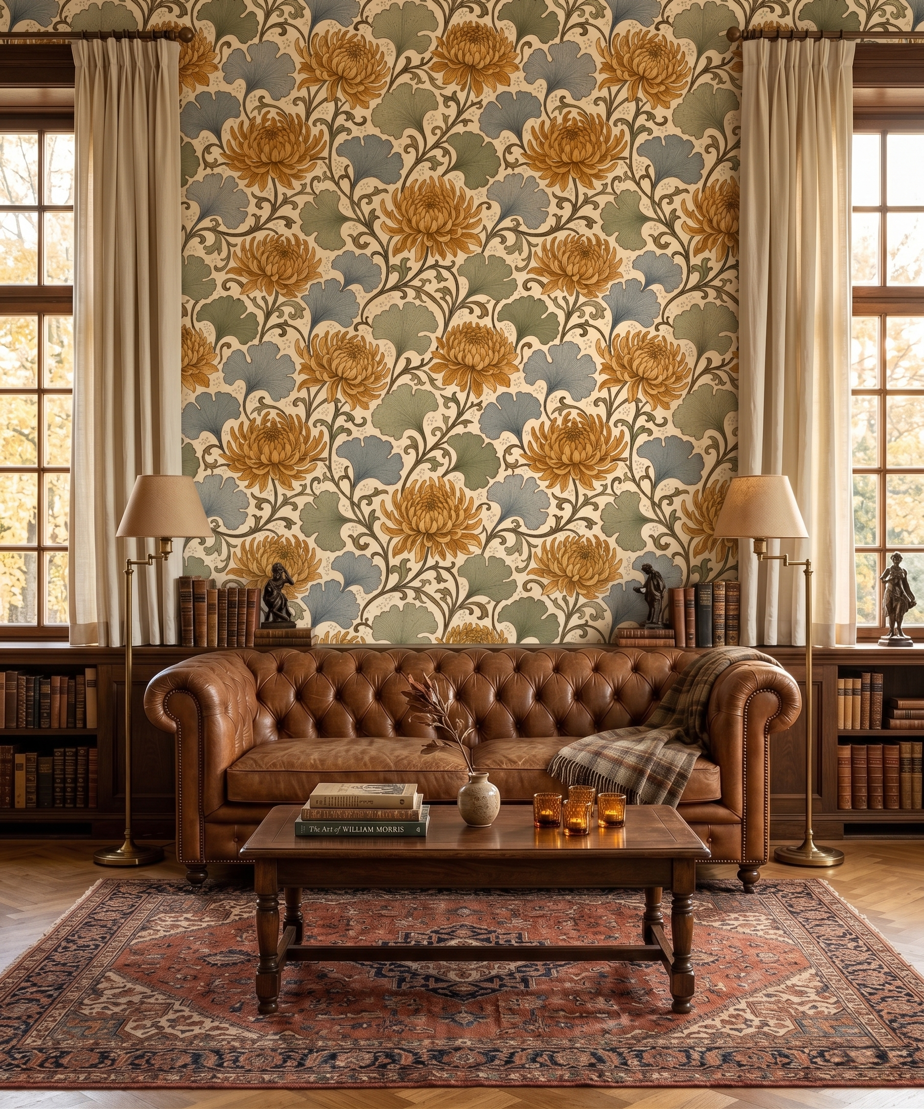 Art Nouveau vintage floral wallpaper featuring richly detailed amber gold chrysanthemum blooms, blue-grey fan-shaped ginkgo leaves, and ornamental scrollwork on an antique cream background — premium botanical pattern by WallpaperPixi