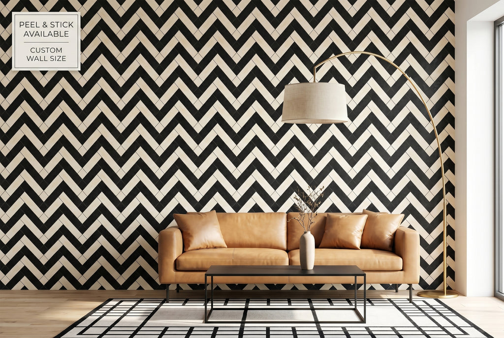 Black and White Herringbone Tile Wallpaper