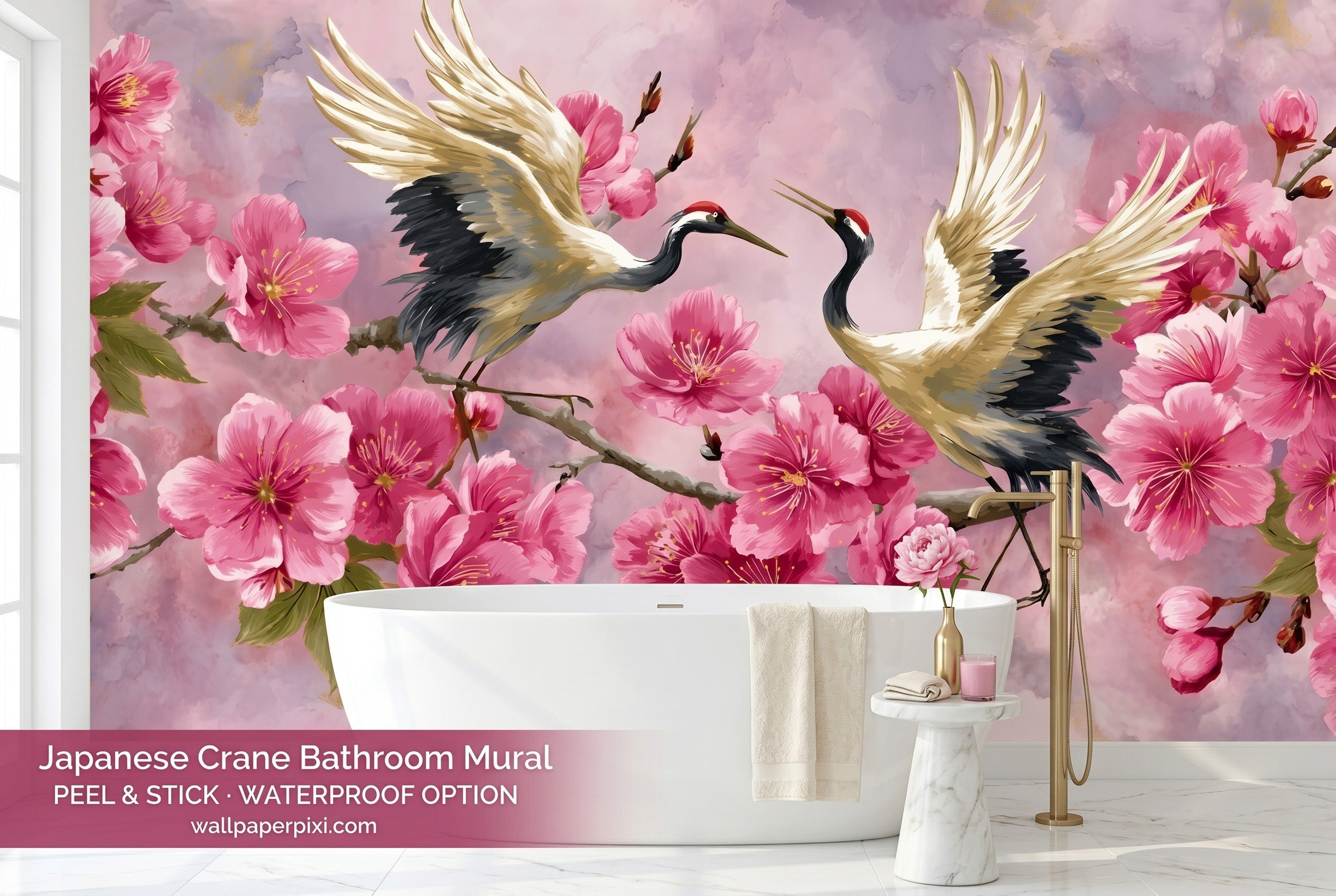Japanese Crane and Cherry Blossom Wall Mural Pink Watercolor Peel and Stick Wallpaper