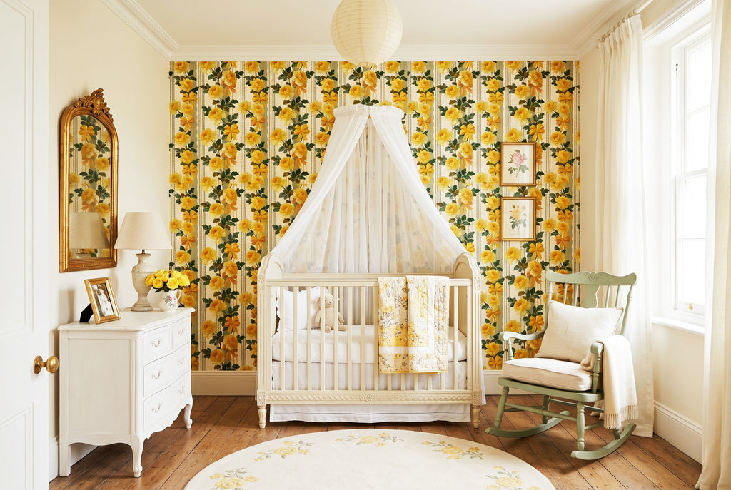 Yellow Rose Wallpaper French Vintage Floral Stripe