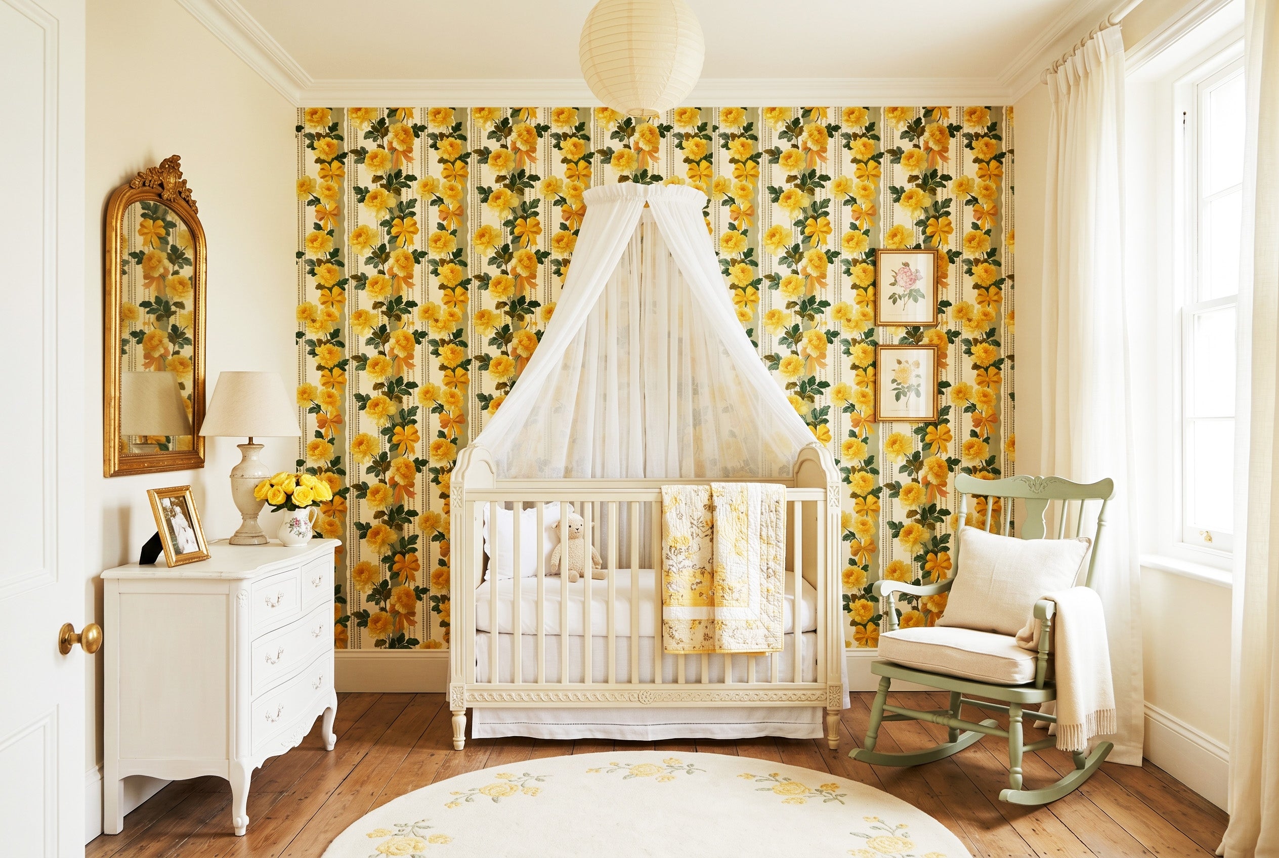 Yellow Rose Wallpaper French Vintage Floral Stripe