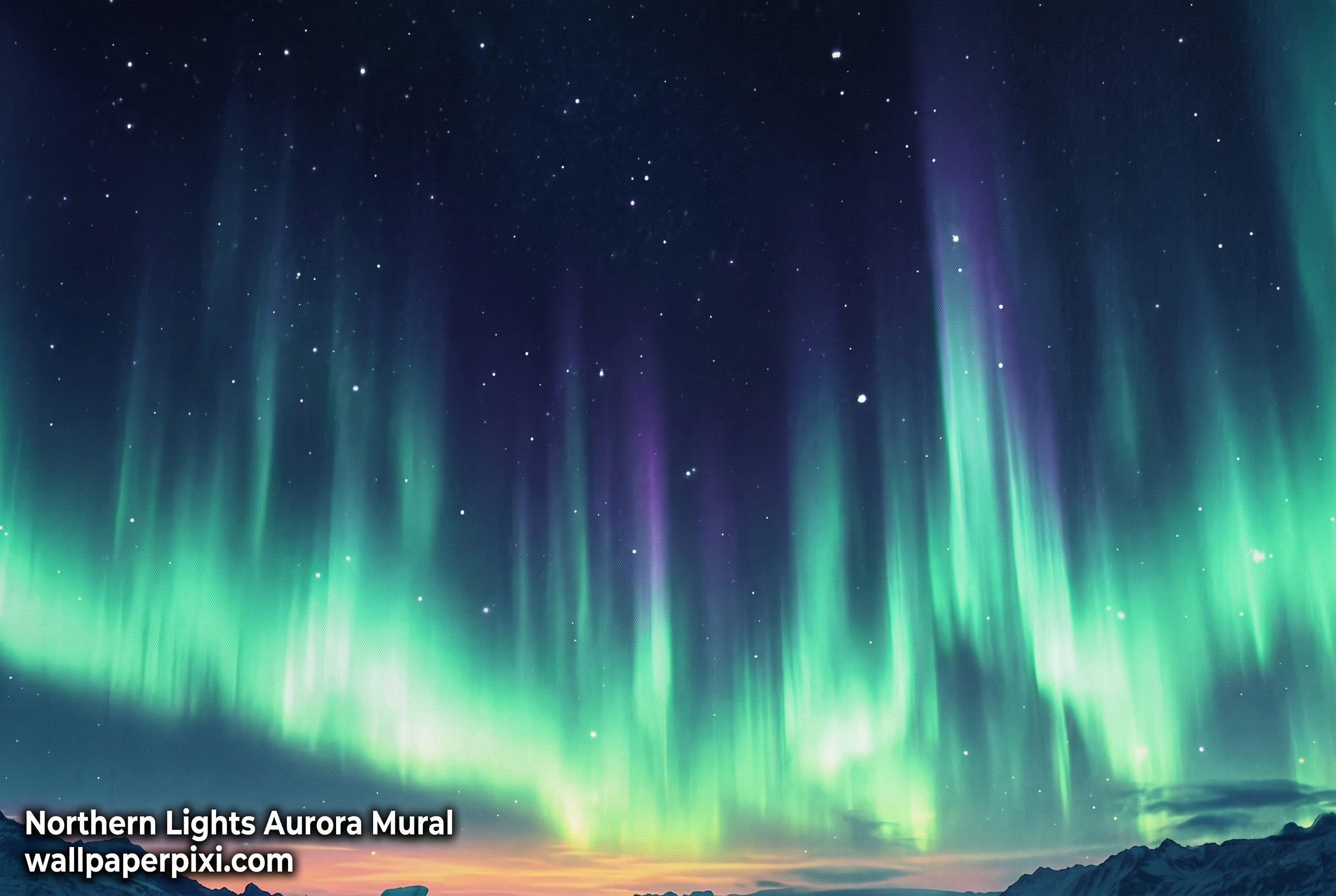 Close-up detail of northern lights aurora borealis wallpaper mural showing vivid emerald green aurora ribbons stars and icy lake reflection