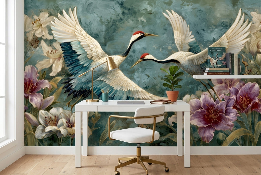 Crane and lily wall mural in a bright home office behind a white desk with a brass lamp and teal ceramic accessories