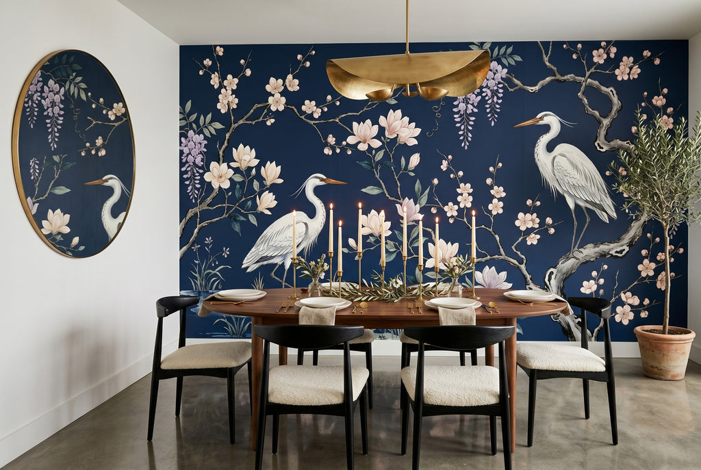 Chinoiserie Heron Wallpaper Mural, Navy Blue Magnolia & Blossom Bird Wall Art for Living Room and Bedroom