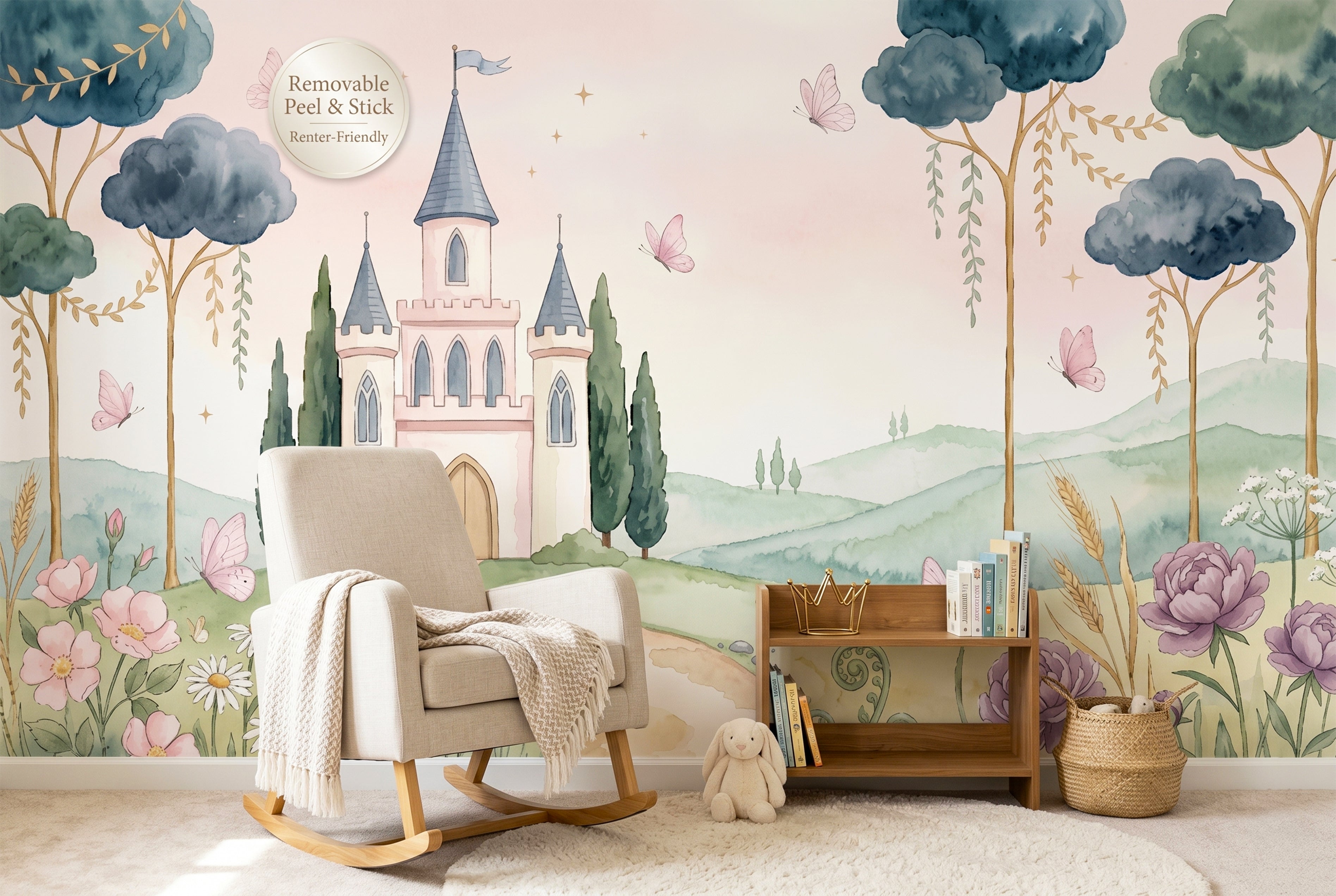 Fairytale Castle Watercolour Wall Mural | Soft Princess Nursery Landscape Design