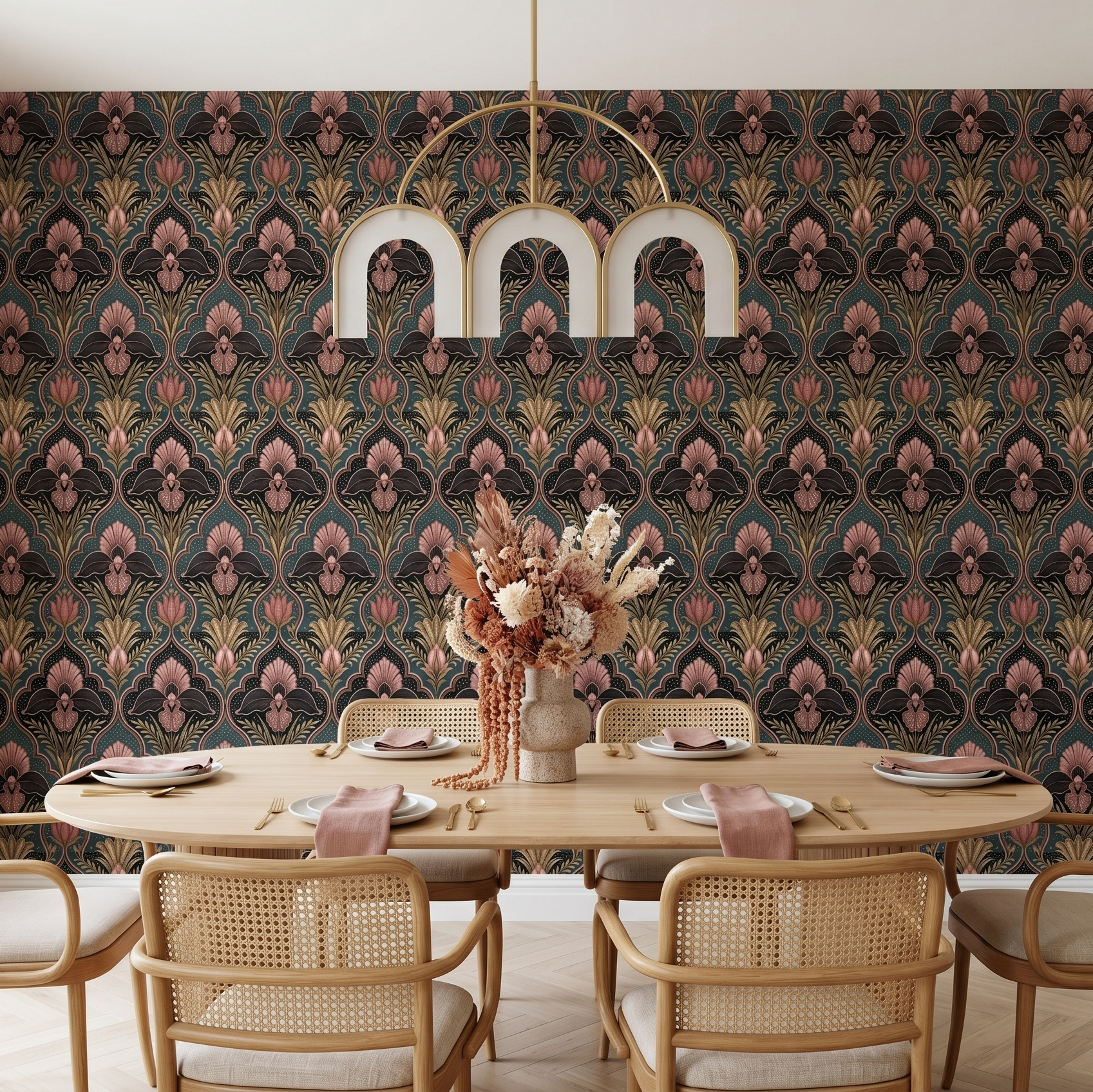 Art Deco Damask Dark Teal Wallpaper with Rose Gold Floral & Celestial Stars for Bedroom and Living Room