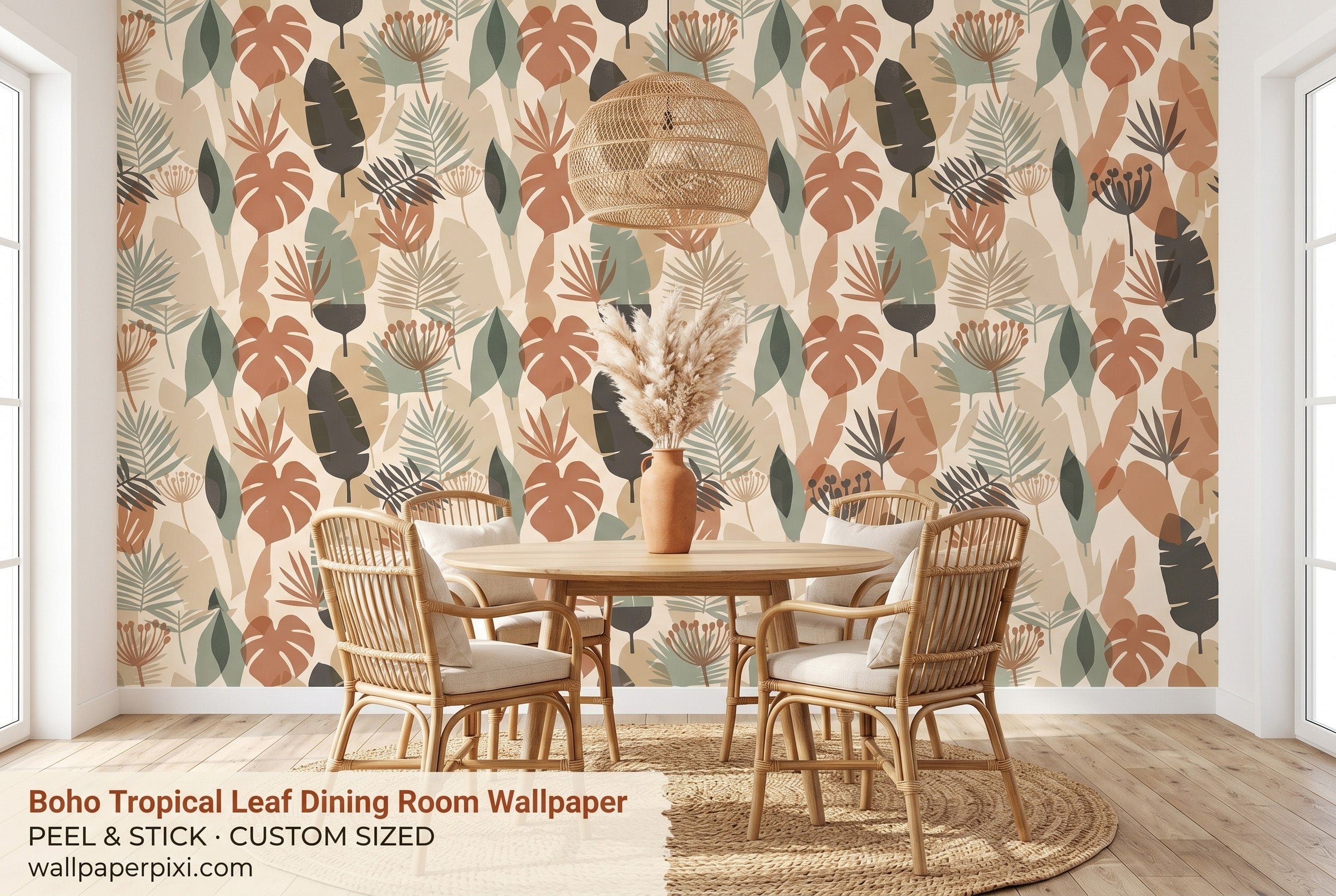 Neutral tropical boho leaf wallpaper in a bright dining room with a natural wood table rattan chairs dried pampas and warm ambient lighting
