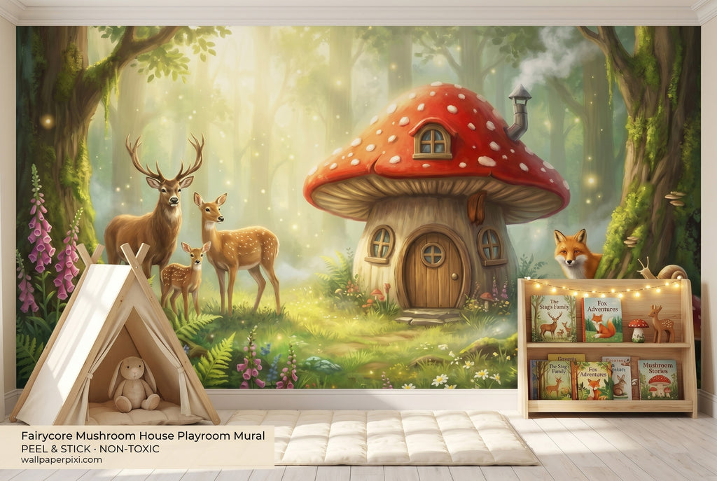Woodland nursery peel and stick wallpaper featuring red mushroom cottage and bunny
