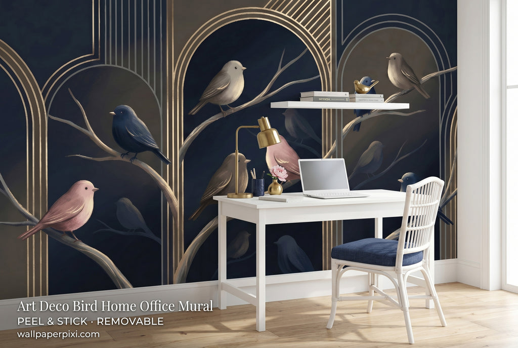 Art deco bird wall mural in a bright home office behind a white desk with brass lamp navy accents and gold details
