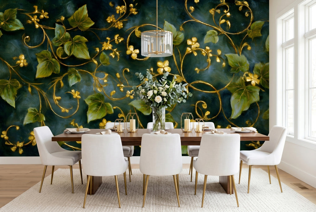 Dark green gold ivy oil painting wall mural in a bright elegant dining room with a dark walnut table white chairs and fresh greenery