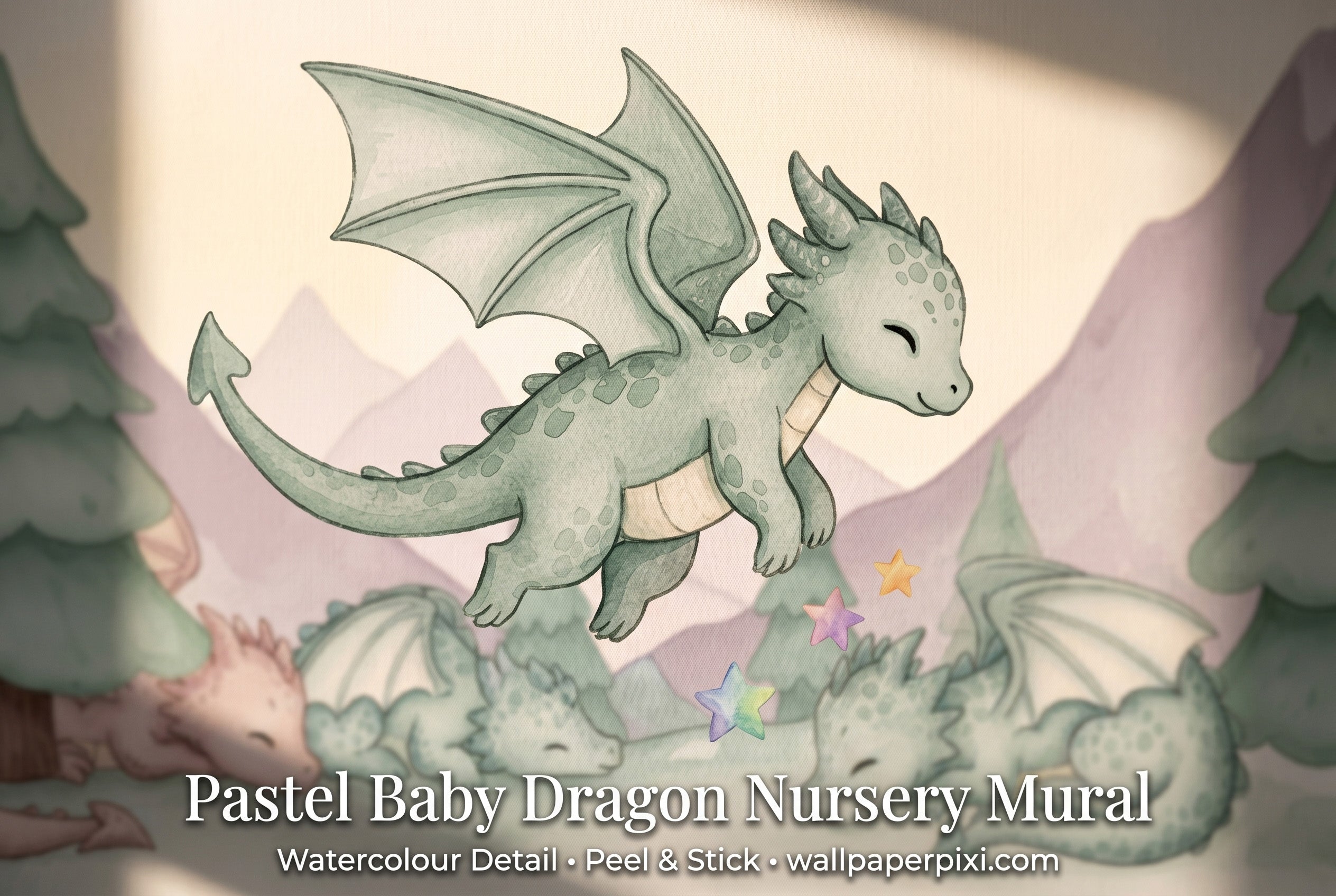 Close-up detail of pastel baby dragon nursery wallpaper mural showing a sleeping pink dragon sage flying dragon pine trees and colourful stars