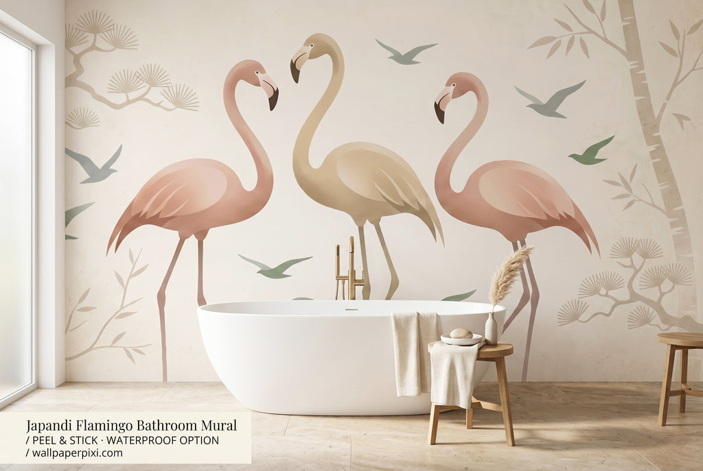 Zen Flamingo Peel and Stick Wall Mural Neutral Japandi Decor