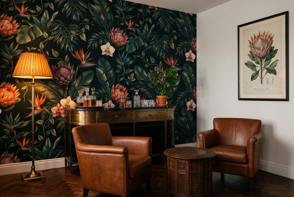 Close-up detail of illustrated protea bloom, Bird of Paradise flower, and tropical foliage on dark green botanical wallpaper mural — high-definition fade-resistant print by WallpaperPixi