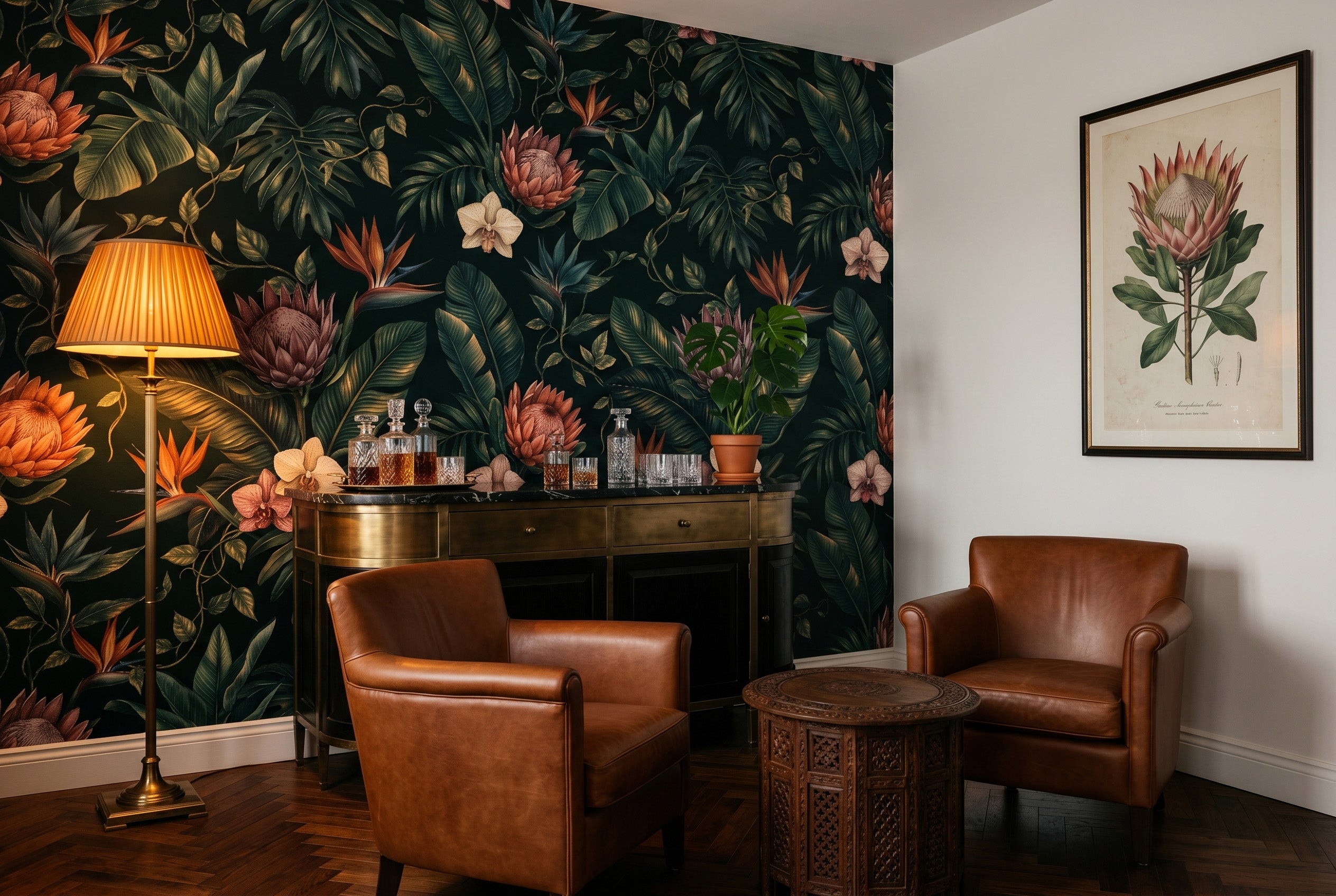 Close-up detail of illustrated protea bloom, Bird of Paradise flower, and tropical foliage on dark green botanical wallpaper mural — high-definition fade-resistant print by WallpaperPixi