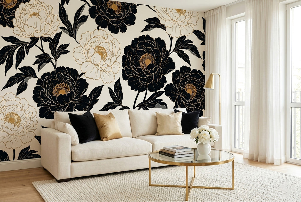 Black and gold peony wallpaper — oversized black and ivory peony blooms with gold line detail on warm cream background — art deco floral peel and stick wallpaper by WallpaperPixi