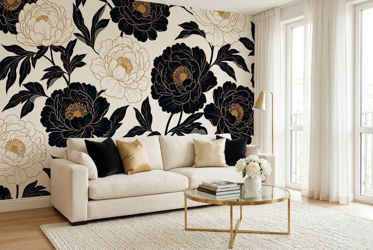 Black and gold peony wallpaper — oversized black and ivory peony blooms with gold line detail on warm cream background — art deco floral peel and stick wallpaper by WallpaperPixi