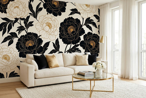 Black and gold peony wallpaper — oversized black and ivory peony blooms with gold line detail on warm cream background — art deco floral peel and stick wallpaper by WallpaperPixi