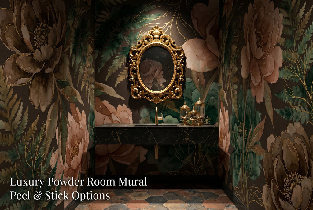 Luxurious moody powder room with gilded peony wallpaper mural and gold mirror.