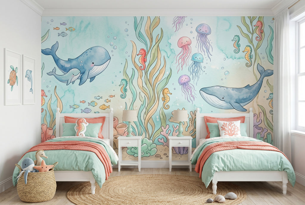 Pastel watercolour under the sea nursery wallpaper featuring 
hand-painted whales, smiling jellyfish, seahorses, and colourful 
coral reef installed as a feature wall behind a white wooden 
crib in a soft, gender-neutral baby nursery with natural 
daylight.