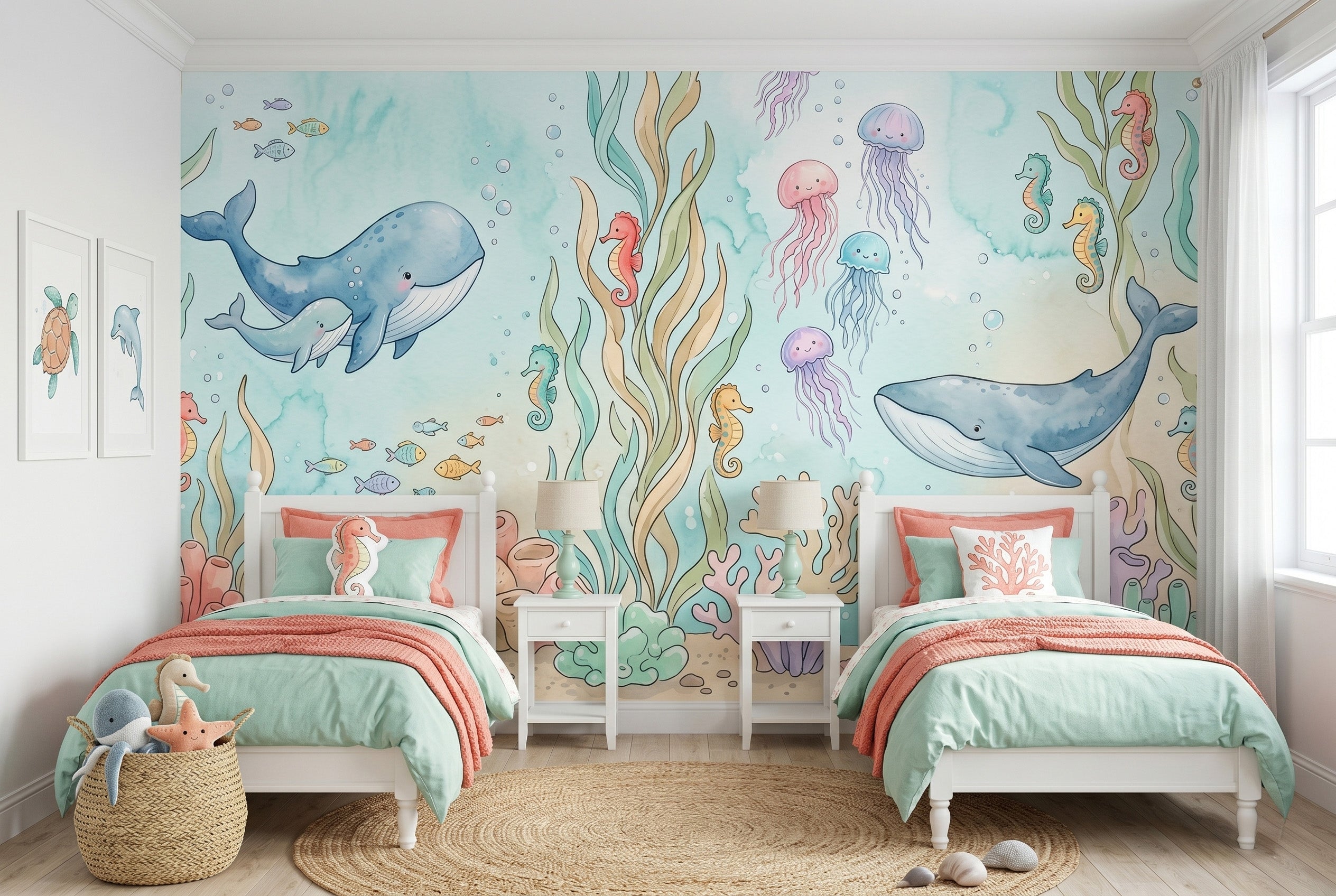 Pastel watercolour under the sea nursery wallpaper featuring 
hand-painted whales, smiling jellyfish, seahorses, and colourful 
coral reef installed as a feature wall behind a white wooden 
crib in a soft, gender-neutral baby nursery with natural 
daylight.