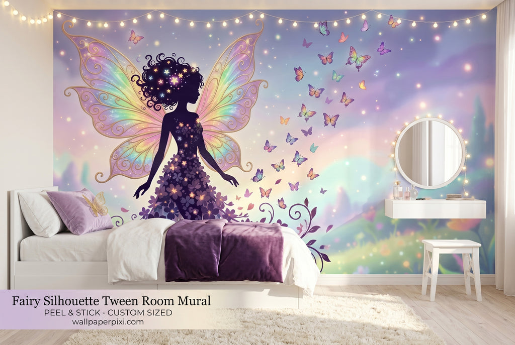 Fairy silhouette butterfly mural in a bright tween girls bedroom with a white platform bed purple velvet cushions fairy lights and a small vanity