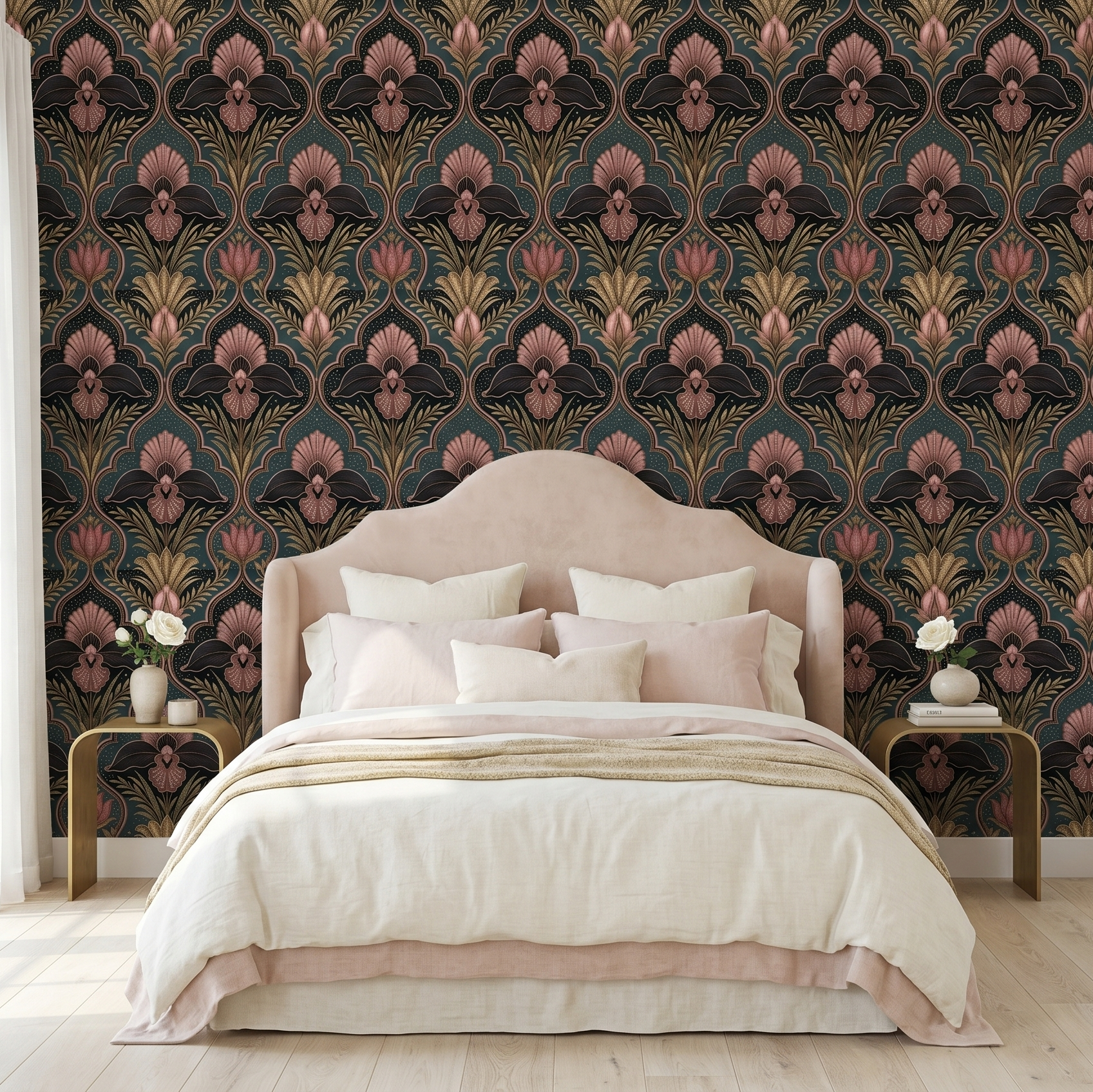 Art Deco Damask Dark Teal Wallpaper with Rose Gold Floral & Celestial Stars for Bedroom and Living Room