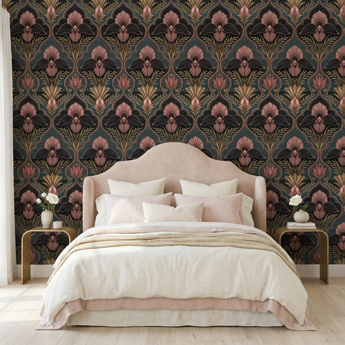 Art Deco Damask Dark Teal Wallpaper with Rose Gold Floral & Celestial Stars for Bedroom and Living Room