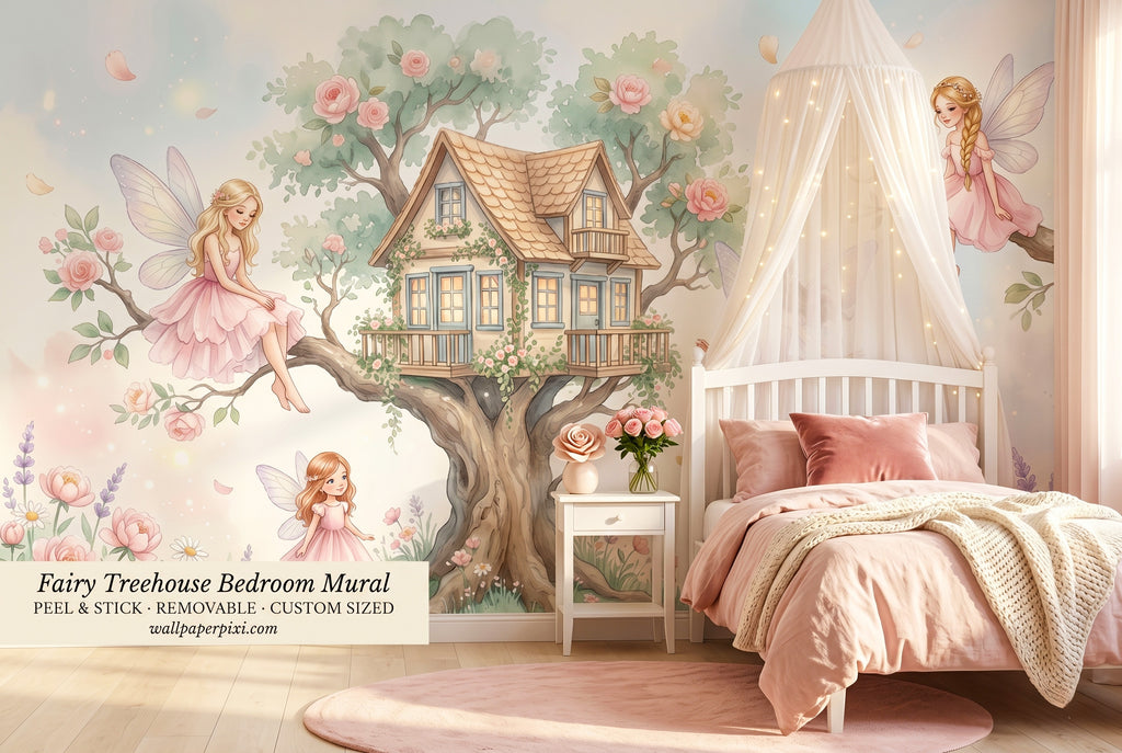 Renter friendly fairy mural being applied to bedroom wall - no damage peel and stick
