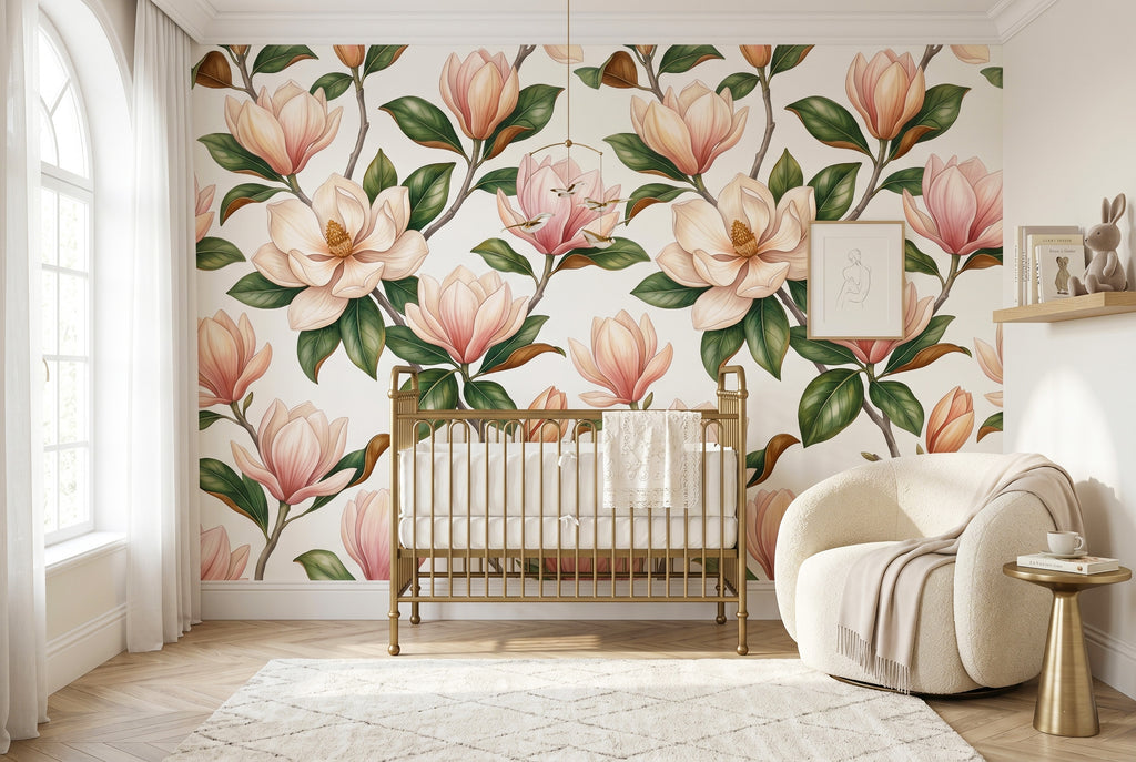 Pink Magnolia Floral Wallpaper Premium Peel and Stick, Romantic Bedroom & Nursery Wall Decor