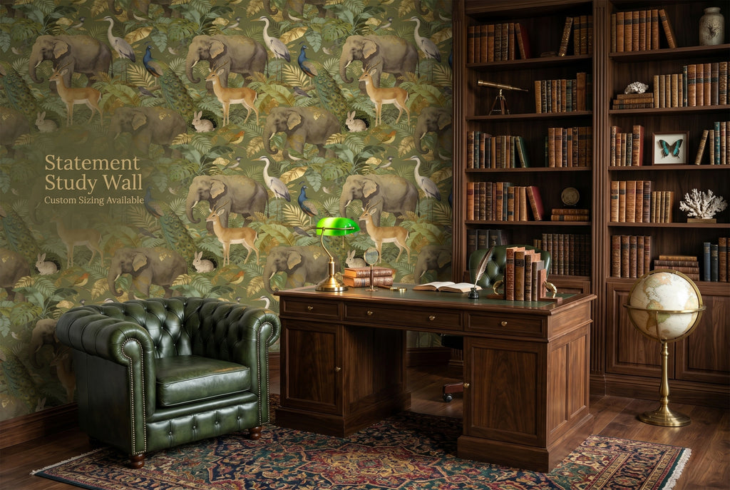 Safari Jungle Animal Wallpaper | Elephant Peacock Deer Tropical Nature Design