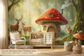 Enchanted mushroom house wall mural with deer family and forest animals in nursery
